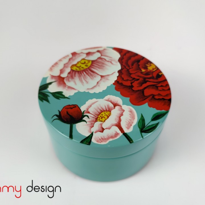 Round blue lacquer box printed with peonies D12*7,2cm